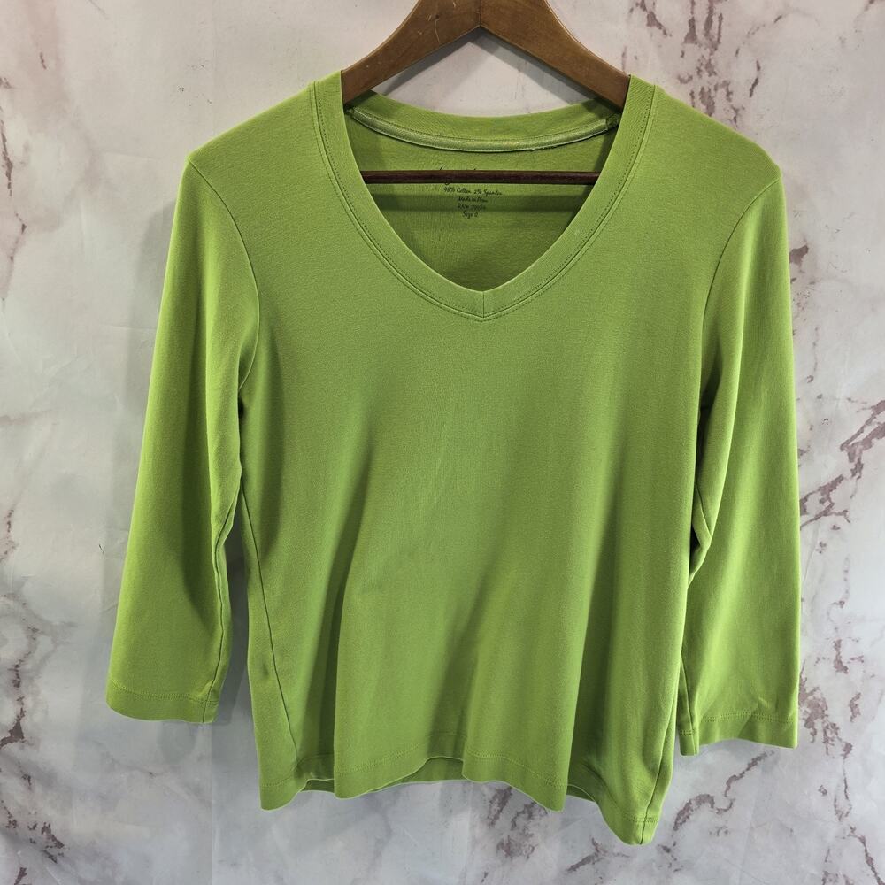 Chicos T Shirt Womens Small 0 Green Lime Neon Tee Quarter Half Sleeve Long V